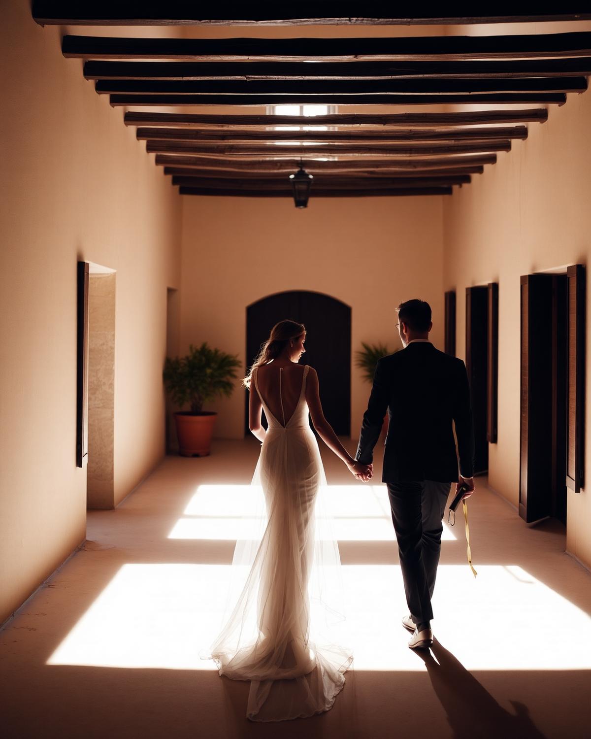 Couple walking through a Mallorca finca courtyard