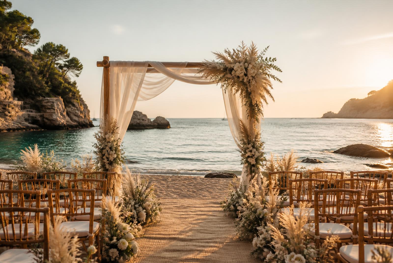 Coastal wedding setup above a turquoise Mallorcan cove