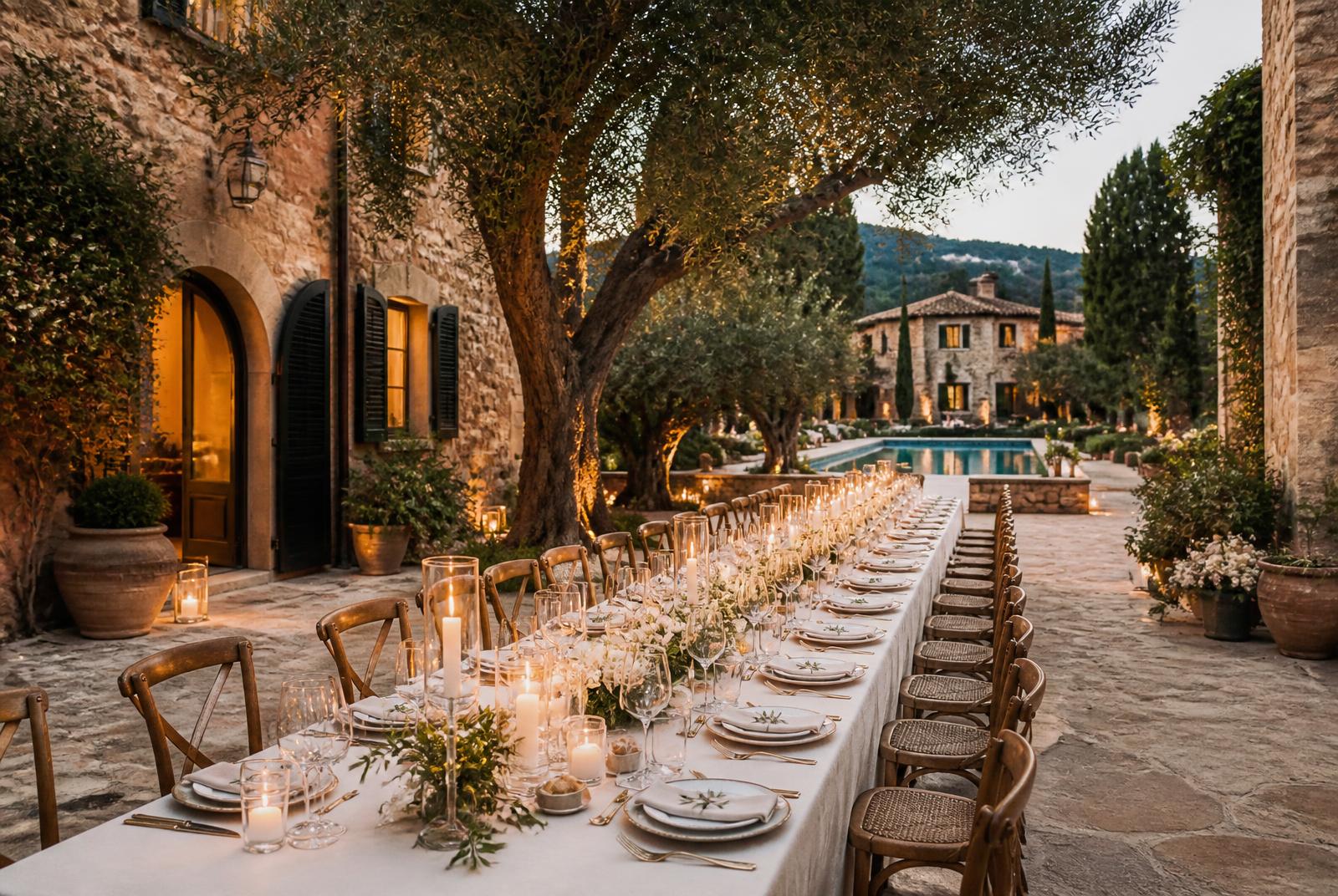 Courtyard of a Mallorcan finca set for a wedding dinner